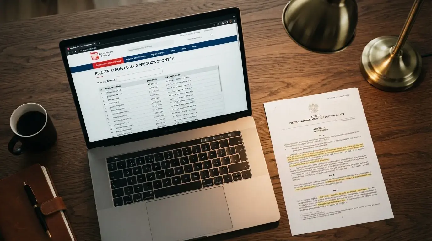 Ekran laptopa z otwartą wyszukiwarką rejestru zakazanych domen Ministerstwa Finansów obok wydruku ustawy o grach hazardowych